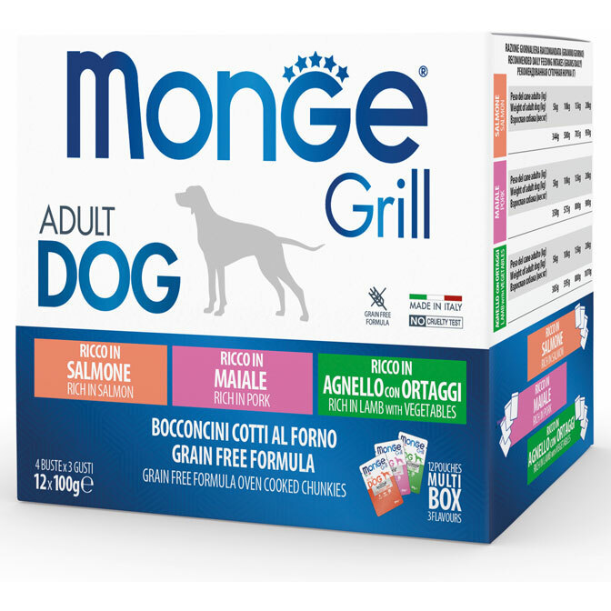 Monge Grill losos/svinja/jagnje sosići za pse 12x100g